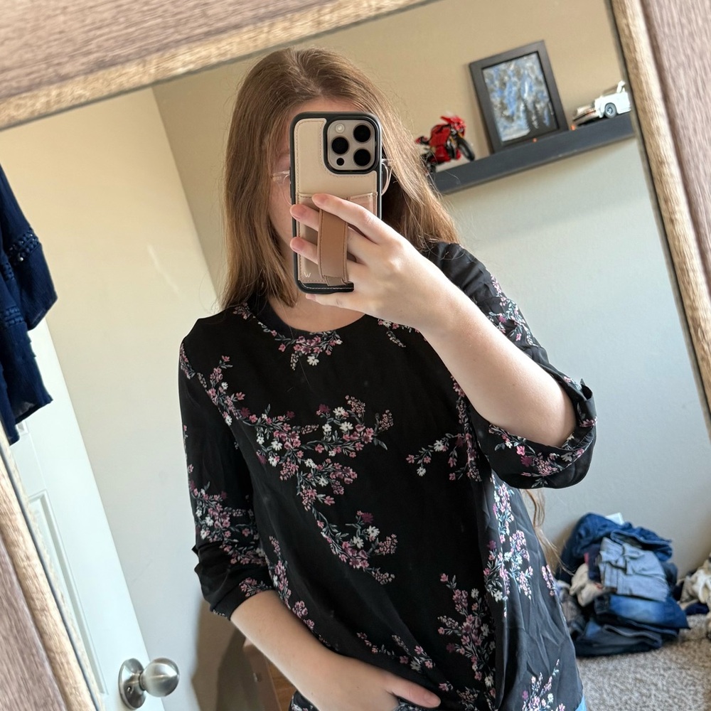 Black and Pink 3/4 Sleeve Floral Blouse